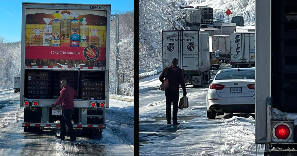 i 95 in va truck driver hands out bread