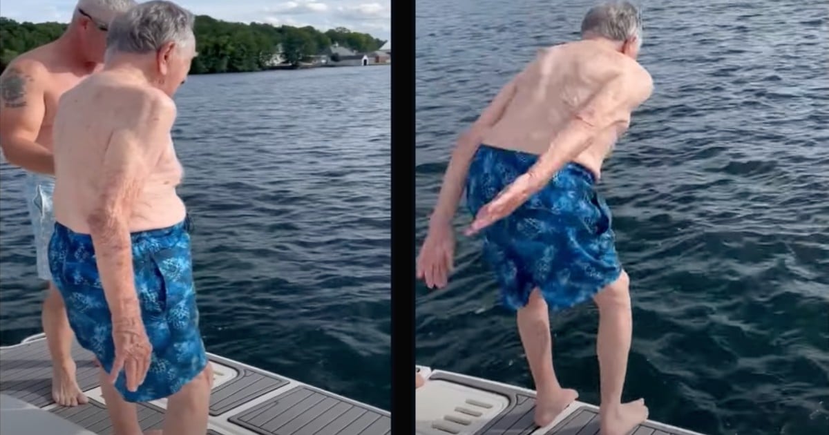 106 years old grandpa dives into lake