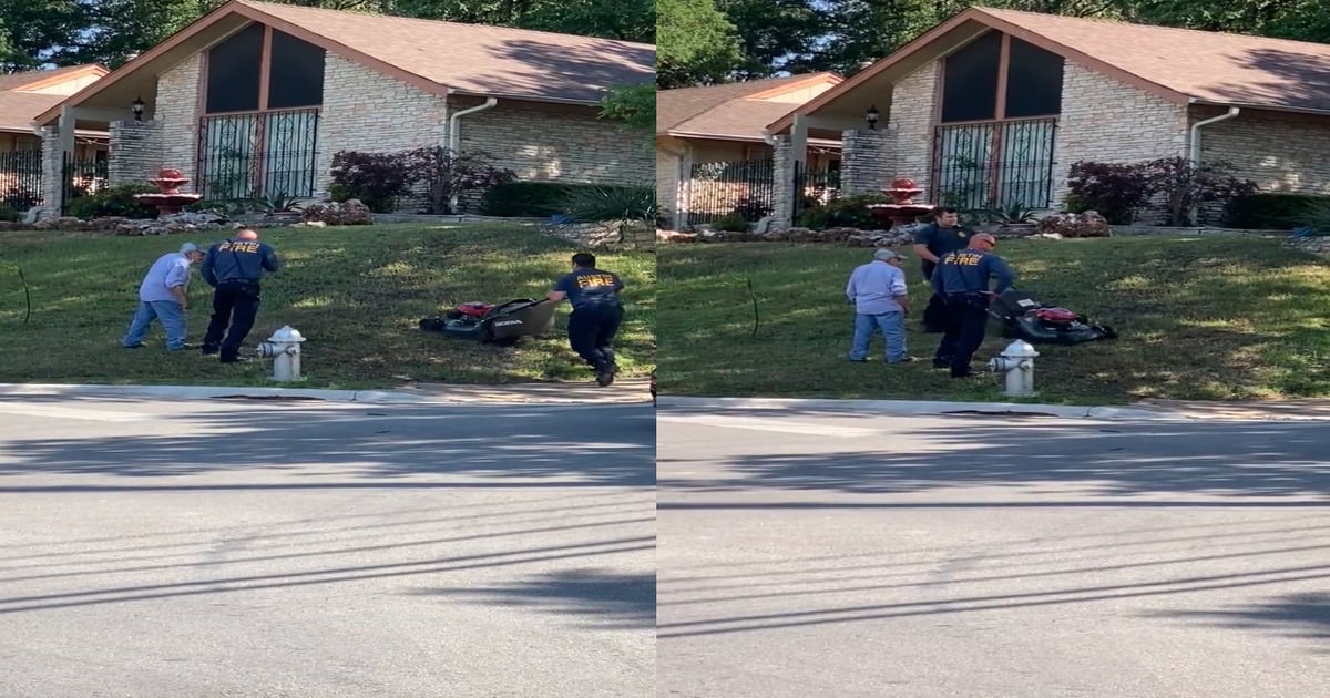 firefighters help elderly man mow his lawn