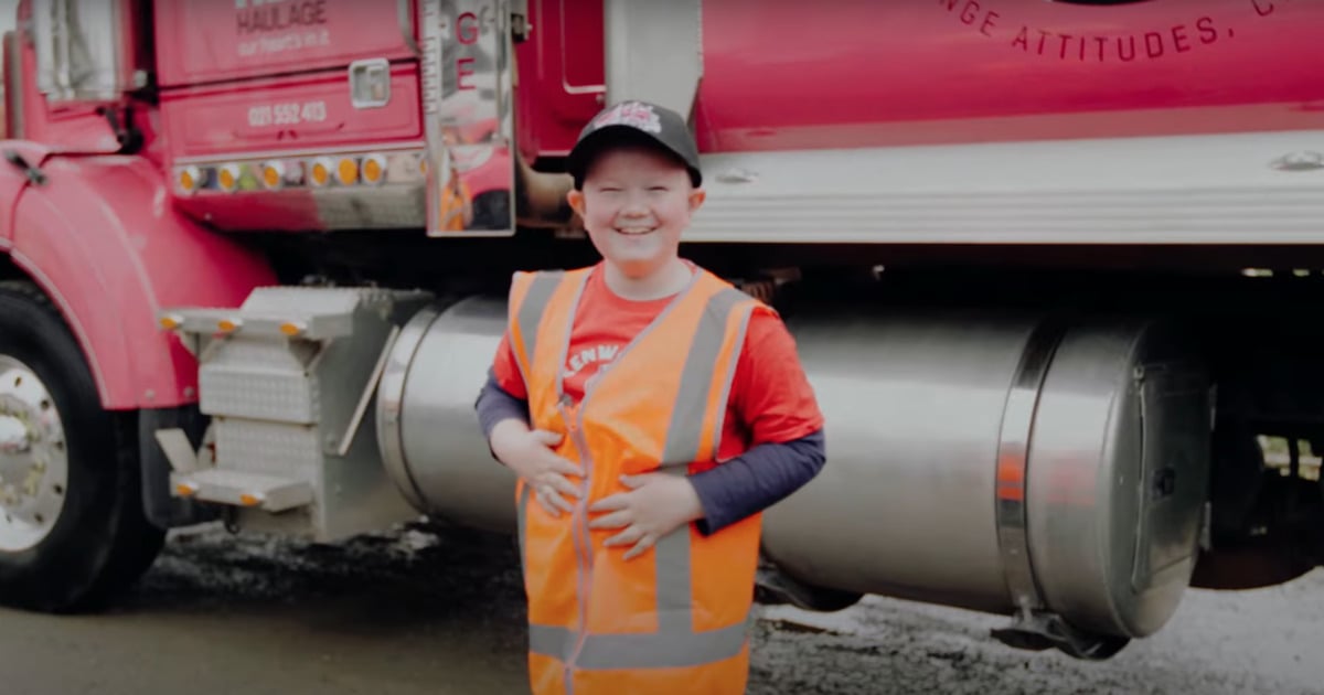 child surprised by truck convoy for birthday