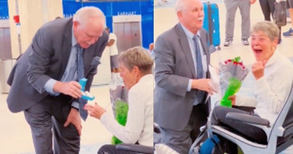 marriage proposal at airport - man pops the question 60 years later
